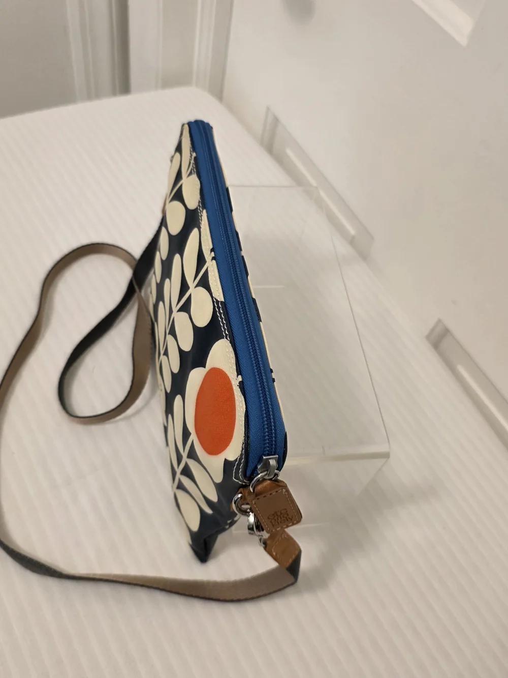 Orla Kiely Navy Crossbody/Clutch W/ Cream Stem Pattern & Orange Dot Lightweight